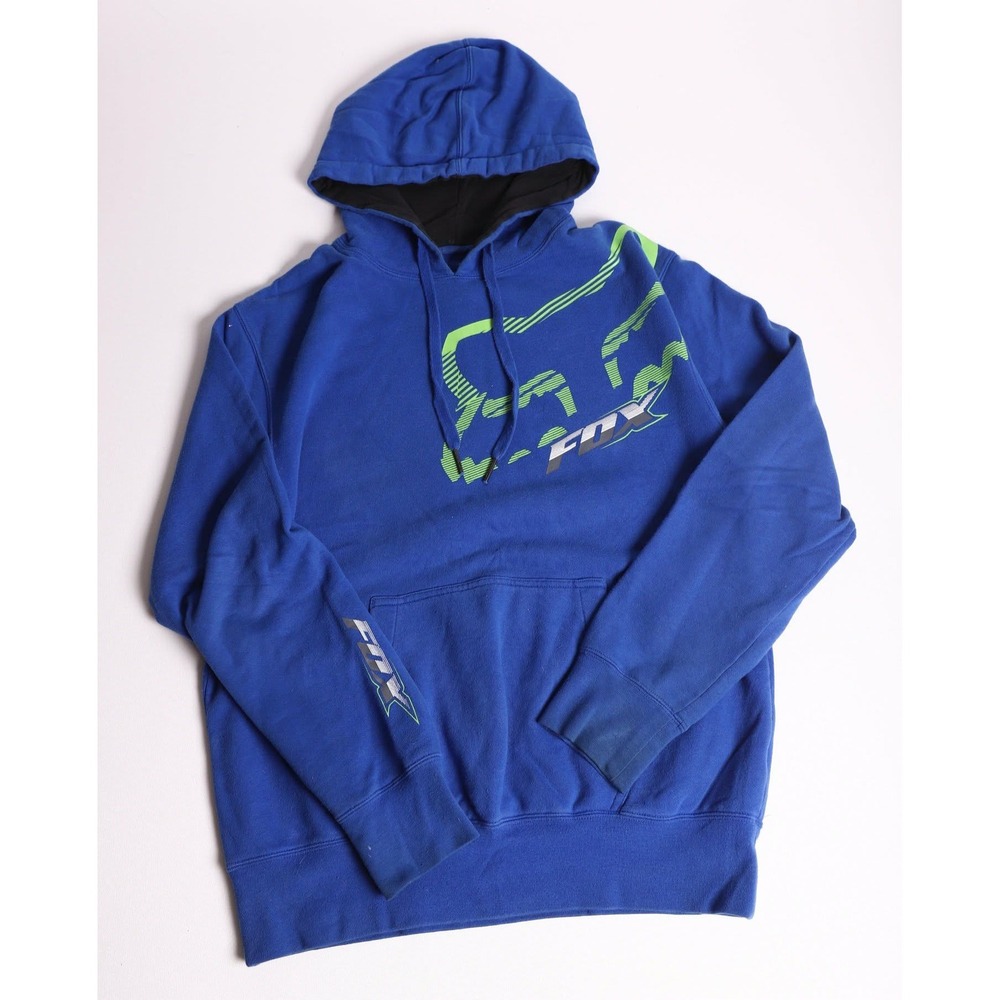 Fox Racing Mens Blue Pullover Hoodie Lime Green Logo Graphic Sweatshirt Size M